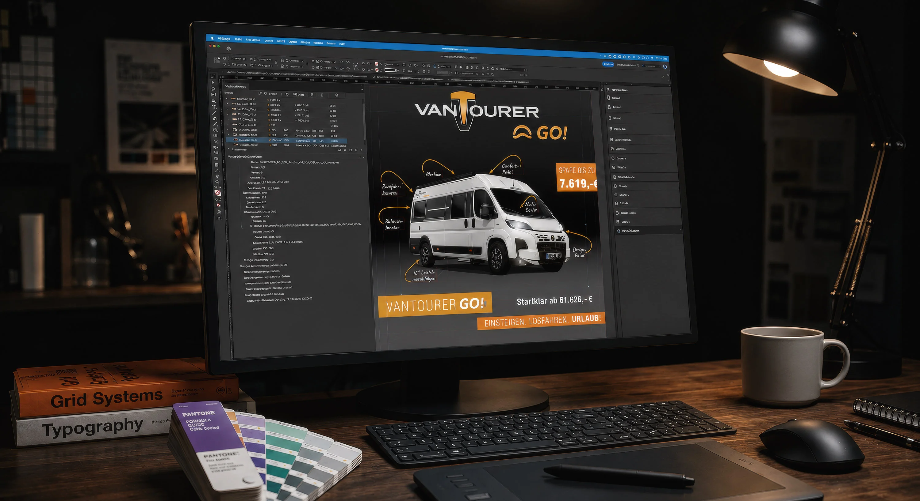Reinzeichnung im Arbeitsalltag: InDesign-Layout auf dem Monitor, Pantone-Fächer und Typografie-Bücher am Schreibtisch
