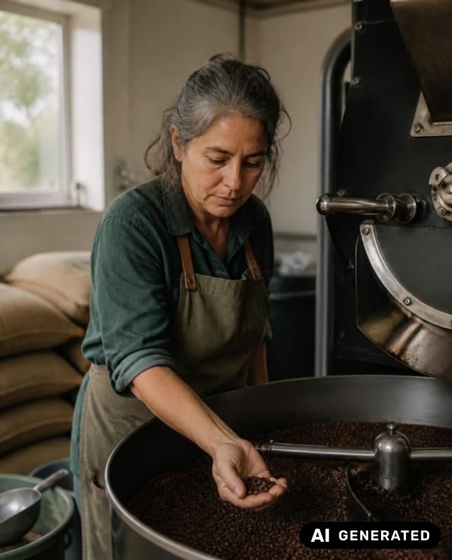 KI-Bild derselben Kaffeerösterei mit klaren Vorgaben: Röstmeisterin prüft Bohnen am Trommelröster, natürliches Tageslicht, gedeckte Farben