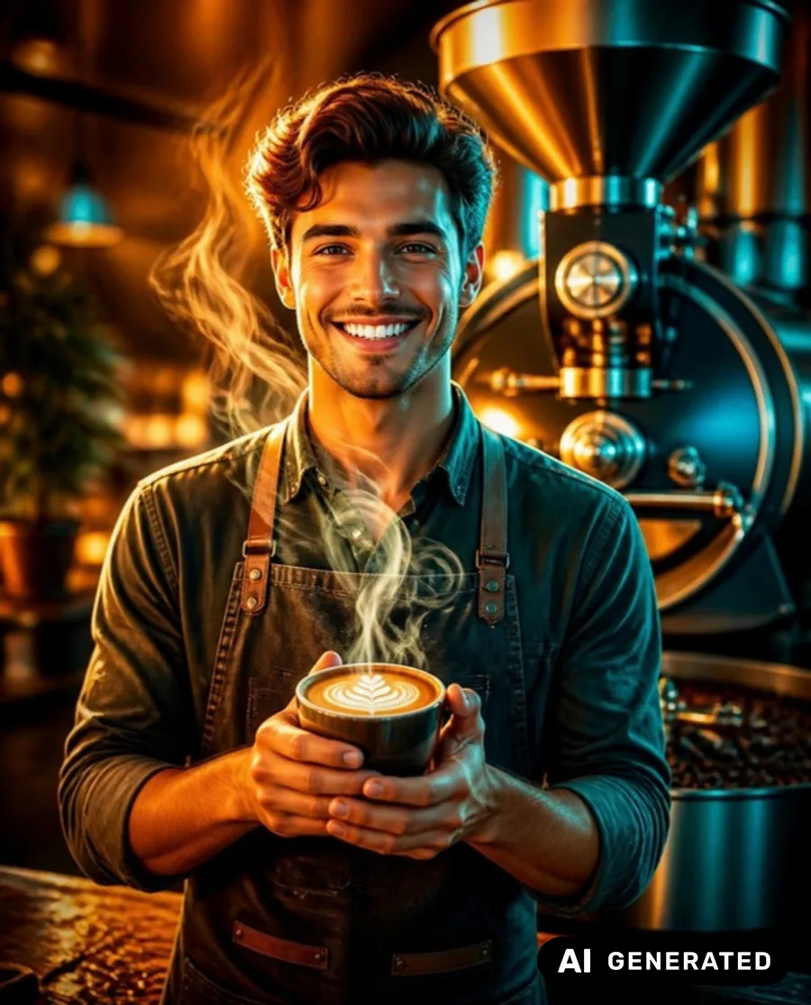 KI-Bild einer Kaffeerösterei im typischen KI-Look: junger Mann mit makellosem Lächeln hält eine Tasse, übersättigte Farben, künstliches Gegenlicht und Dampfschwaden