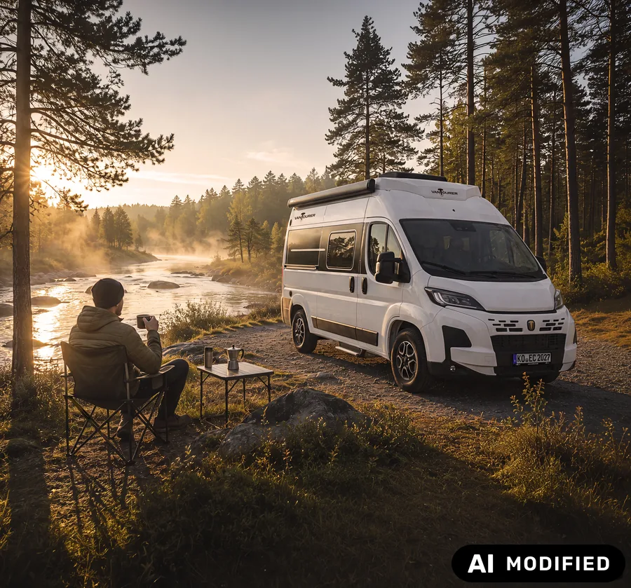 Derselbe VANTourer-Campervan freigestellt vor einer KI-generierten Flusslandschaft im Morgenlicht, daneben ein Mann im Campingstuhl