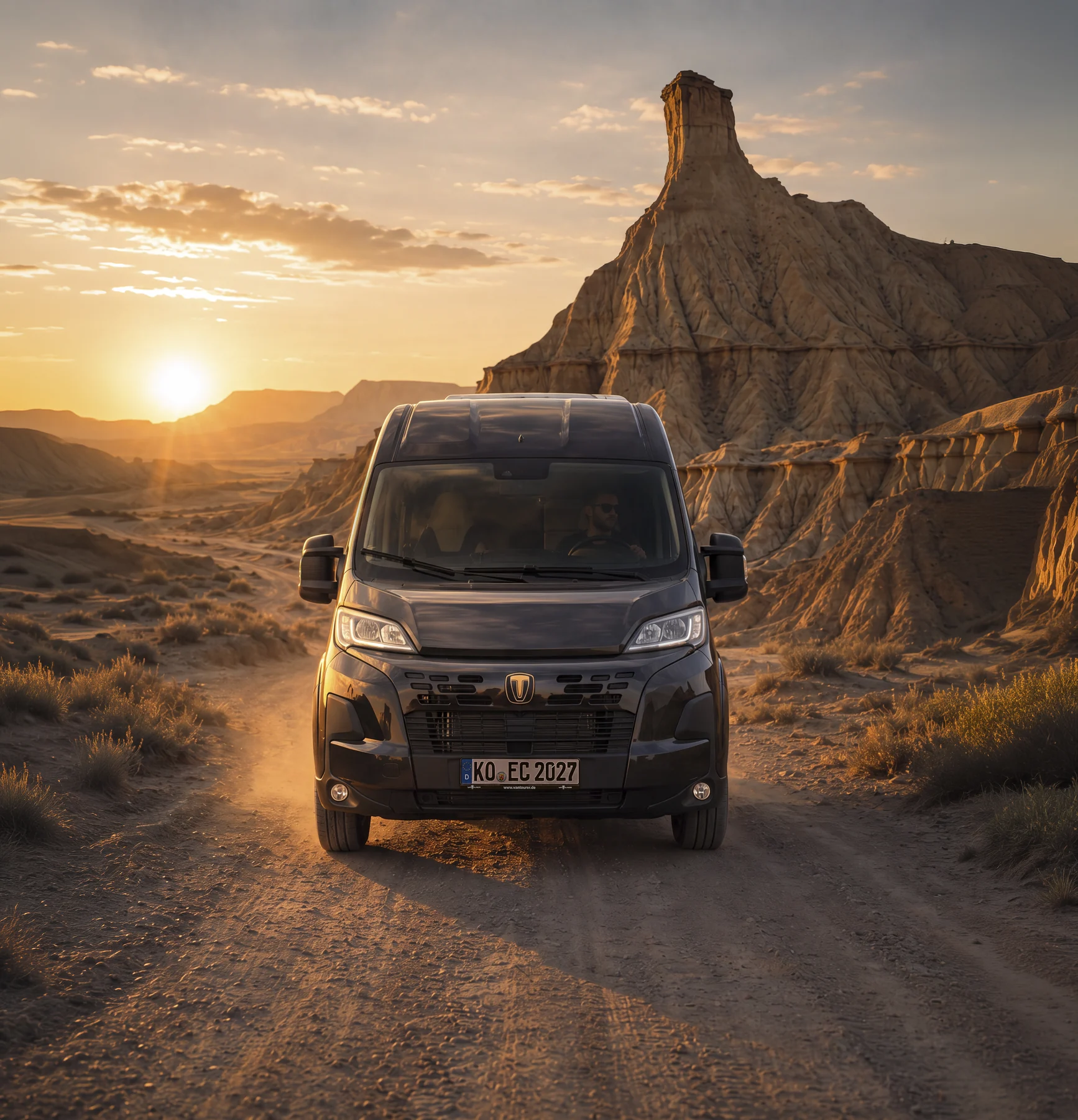 Schwarzer VANTourer Campervan vor der Wüstenlandschaft Bardenas Reales im Abendlicht