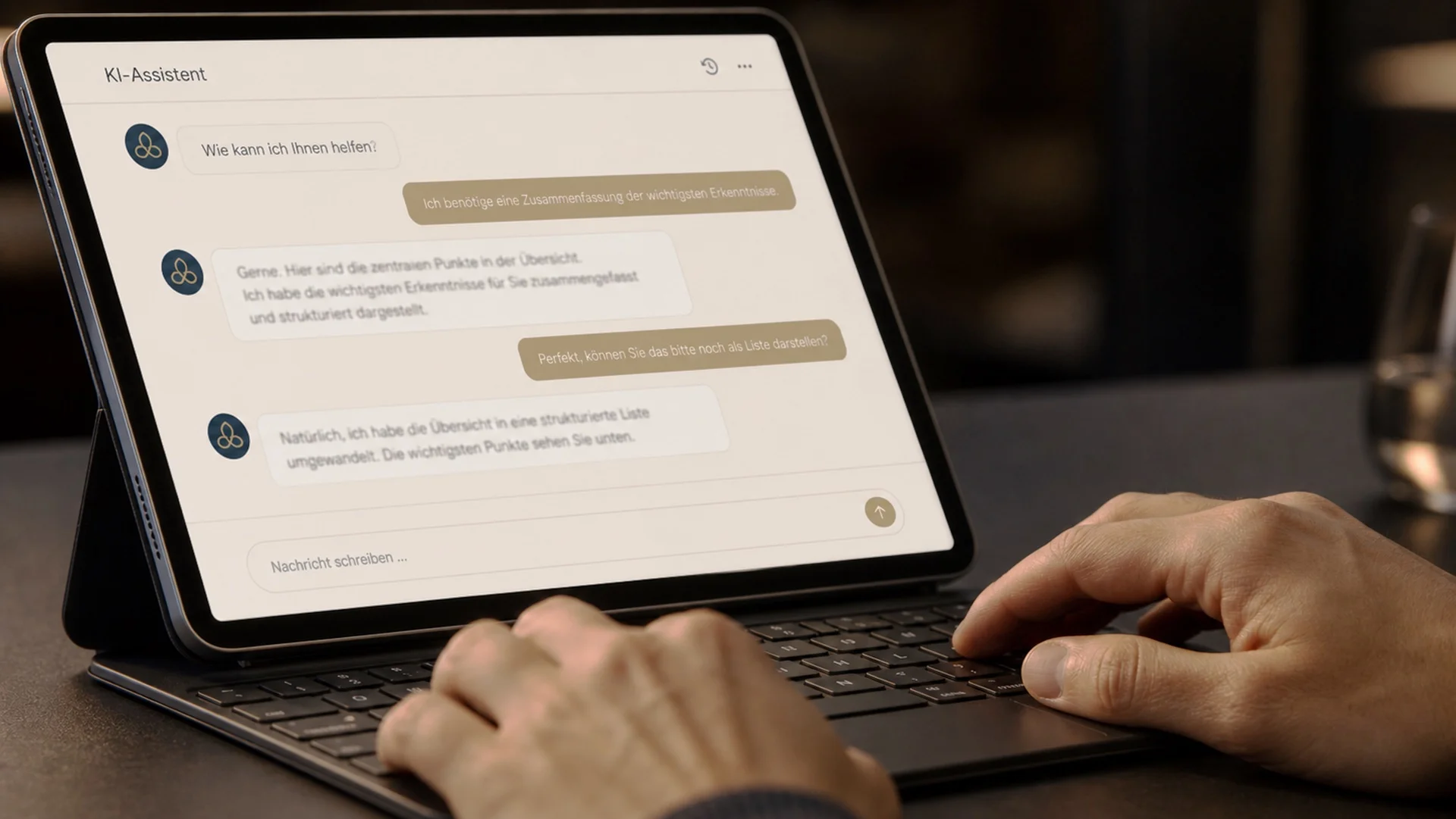 Nahaufnahme eines Bildschirms mit KI-Chat-Interface, Hände am Keyboard im Vordergrund