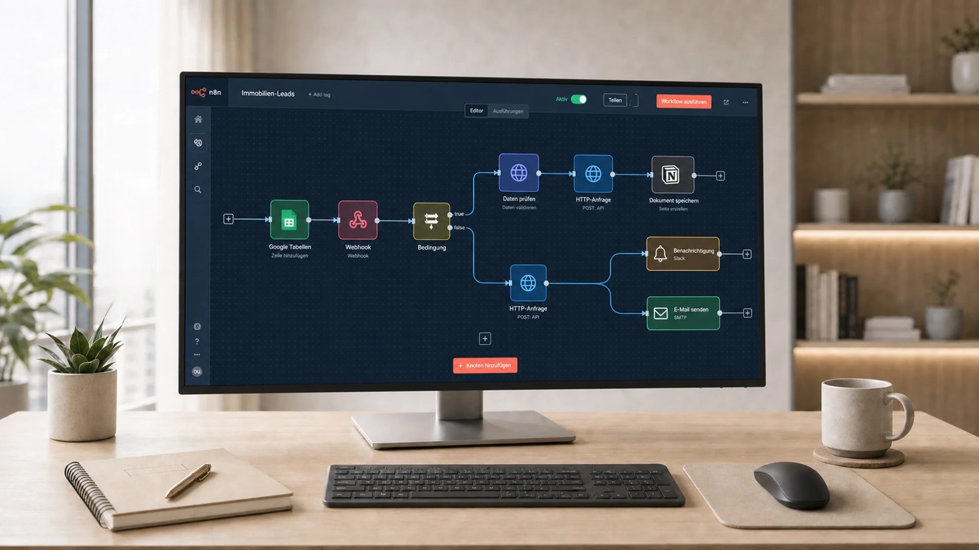 Dunkles Büro-Setup mit Monitor, der eine KI-Workflow-Automatisierungsoberfläche mit verbundenen Nodes zeigt