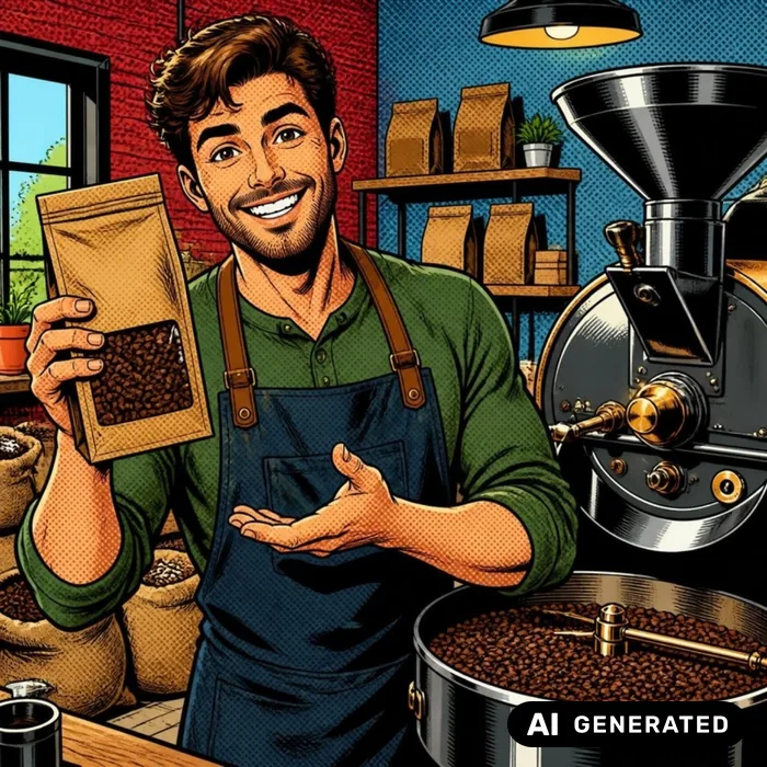 Comic-Illustration: Barista hält eine Kaffeetüte hoch