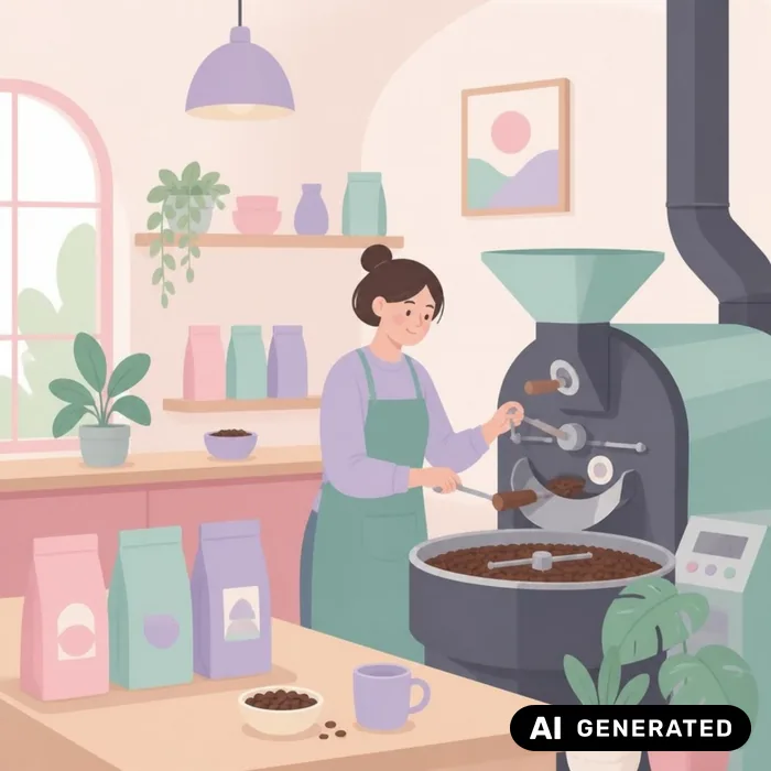 Pastell-Illustration: Röstmeisterin an der Röstmaschine