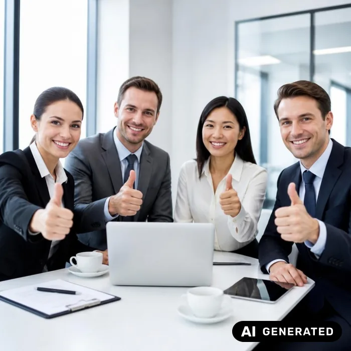 Stockfoto: vier Büroangestellte zeigen den Daumen nach oben