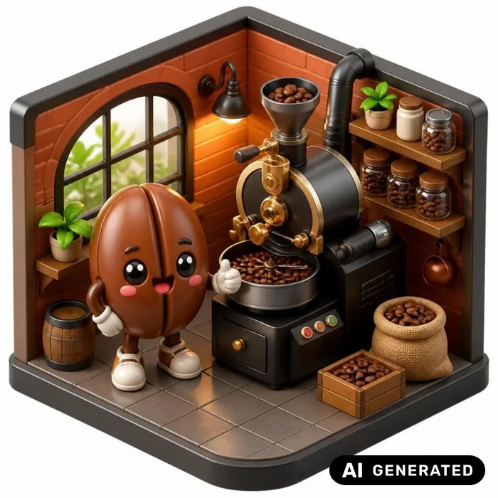 3D-Render: Kaffeebohnen-Figur in einer Mini-Rösterei