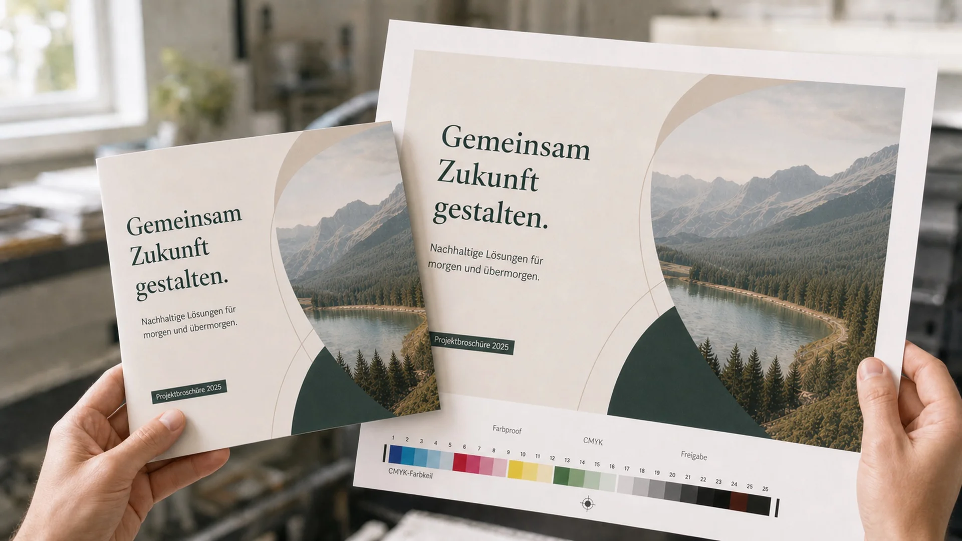 Gedruckte Broschüre wird gegen einen Farbproof gehalten — Qualitätskontrolle bei der Druckvorstufe