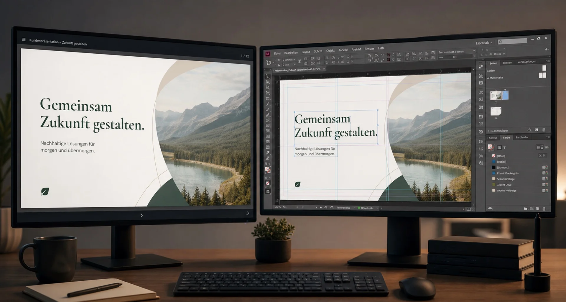 Reinzeichnung im Arbeitsalltag: InDesign-Layout auf dem Monitor, Pantone-Fächer und Typografie-Bücher am Schreibtisch