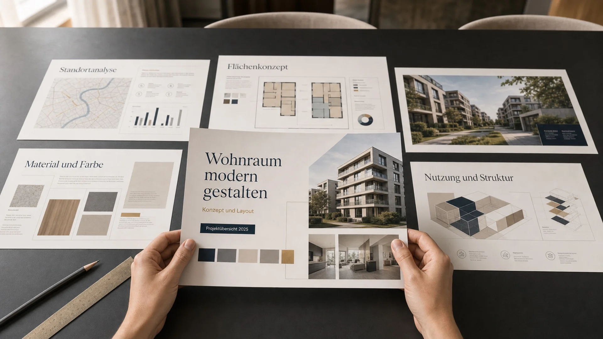Mehrere Printlayouts auf einem Konferenztisch, Hände prüfen einen Entwurf — diskrete Agenturarbeit