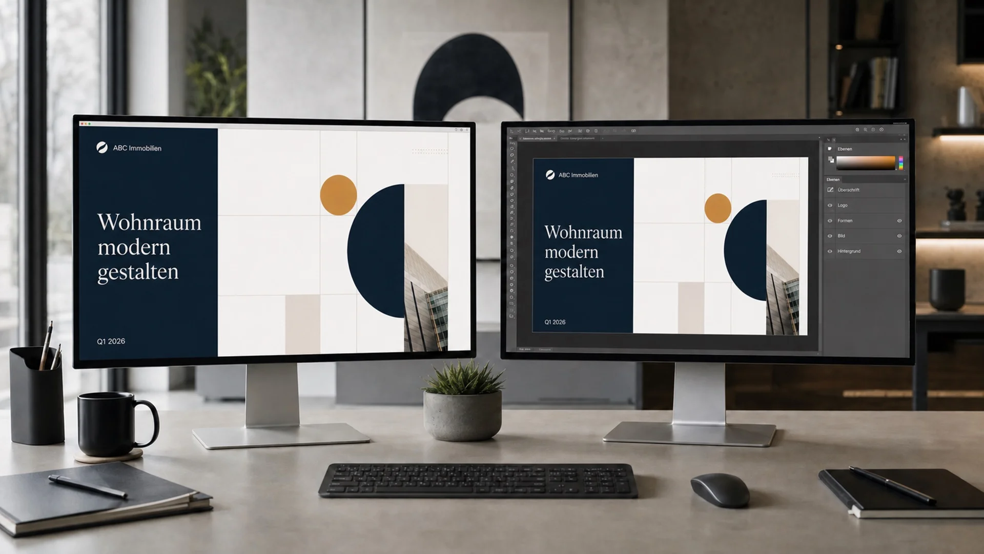Zwei Monitore im Design-Studio: links eine Kundenpräsentation, rechts das Design in Bearbeitung — White-Label-Workflow in der Praxis